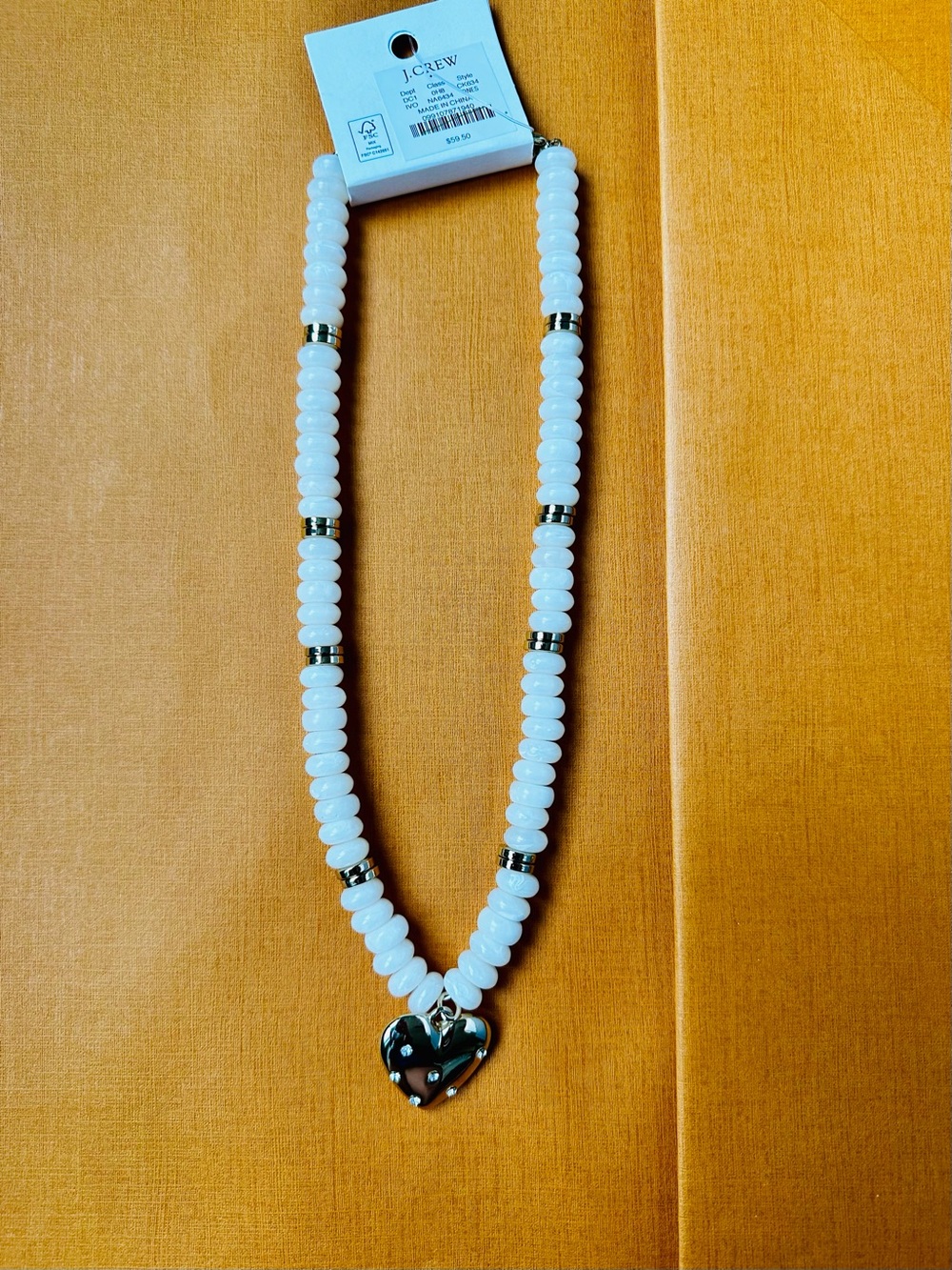J. Crew White Beaded Necklace with Gold Heart Charm